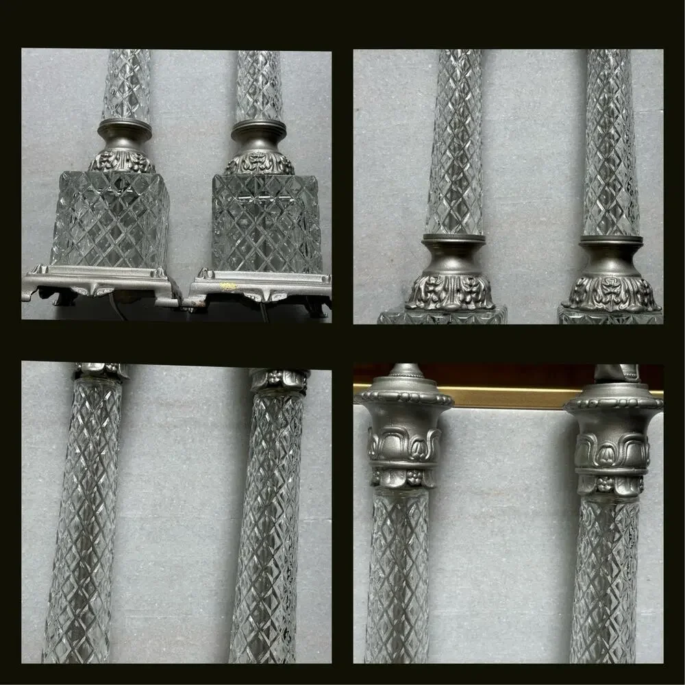 Vtg Diamond Cut Crystal Pair Lamps Brand Loevsky & Loevsky Pewter Color